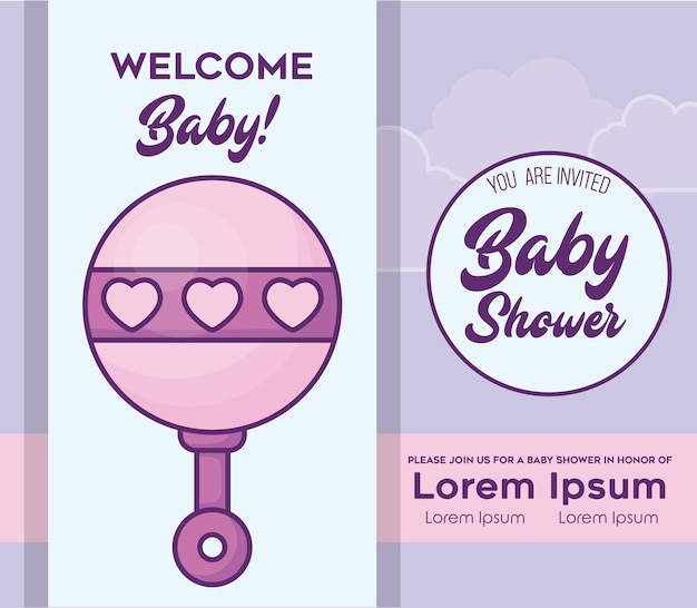 Vector baby shower invitation with rattle icon, colorful design. vector illustration