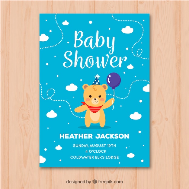 Baby shower invitation with teddy bear in hand drawn style