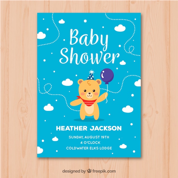 Baby shower invitation with teddy bear in hand drawn style