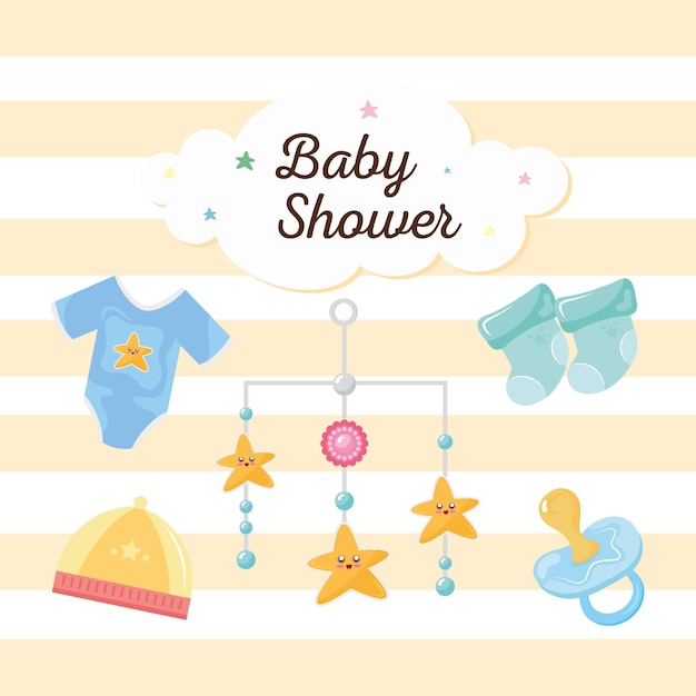 Baby shower lettering in cloud with icons  illustration design