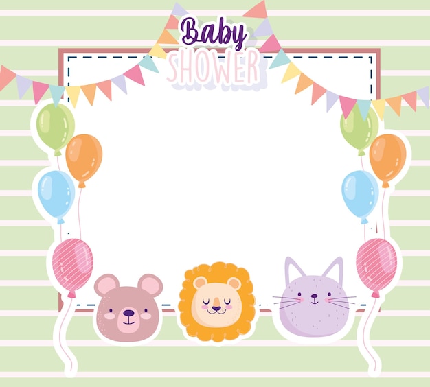 Vector baby shower lion bear and cat balloons pennants card vector illustration