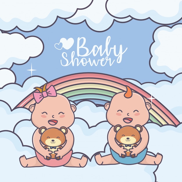 Baby shower little boy and girl with teddy bear rainbow clouds card