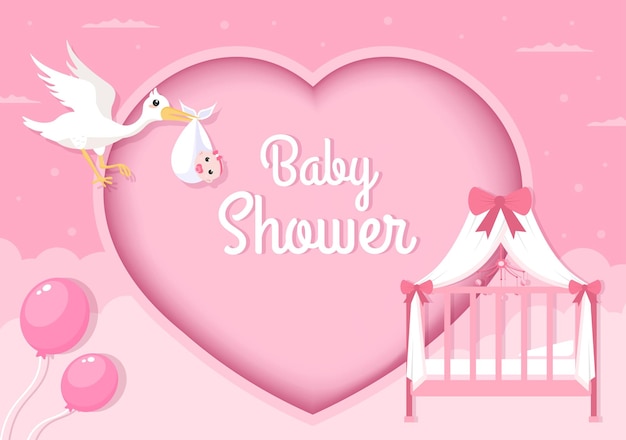 Baby shower маленький мальчик или девочка с симпатичным дизайнерским аистом, облачным фоном для приглашения и поздравительной открытки