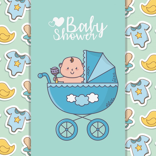 Vector baby shower little boy in pram with bodysuits ducks banner background