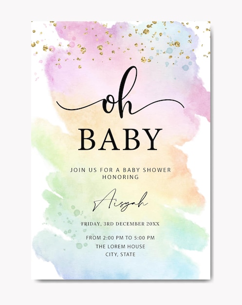 Vector baby shower met pastel regenboog waterverf achtergrond