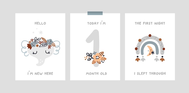 ベビーシャワー、動物の赤ちゃん象とのマイルストーンカード、虹。保育月記念日カード