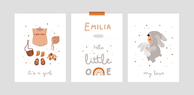 Vector baby shower, milestone cards with little girl