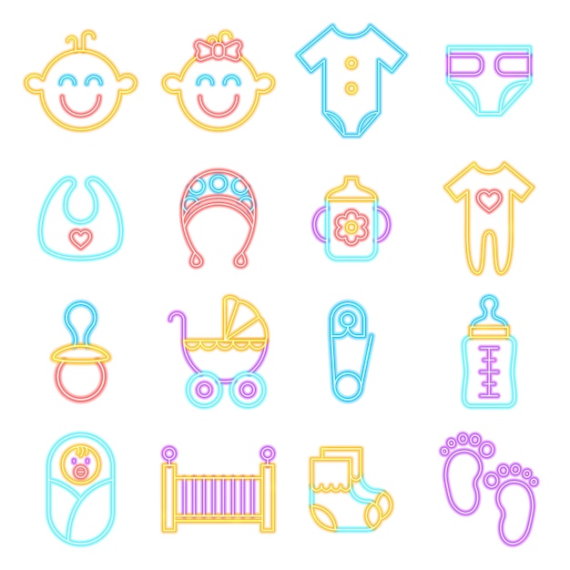 Baby Shower Neon Icons Isolated