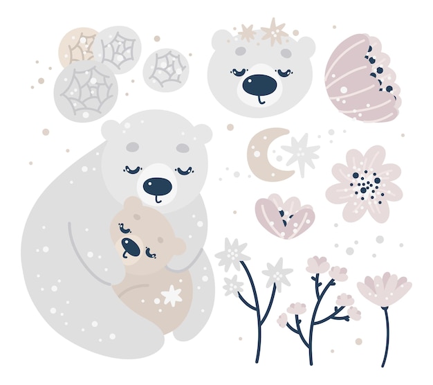 Baby shower nursery collection with cute bears, moon, stars, flowers o