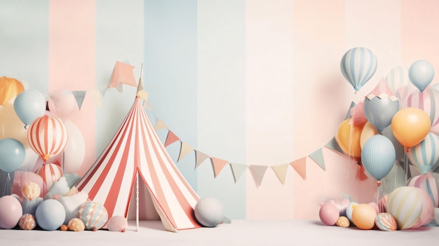 Baby shower party decoration with tent and balloons 3D Rendering