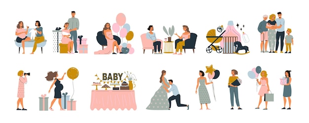 Baby shower party set met slokje en zie evenement symbolen platte geïsoleerde vectorillustratie