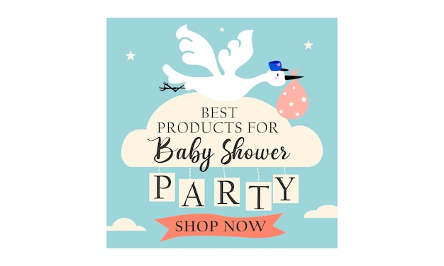 Вектор baby shower party shop с аистом и ребенком иллюстрации фоновый пост для instagram и facebook