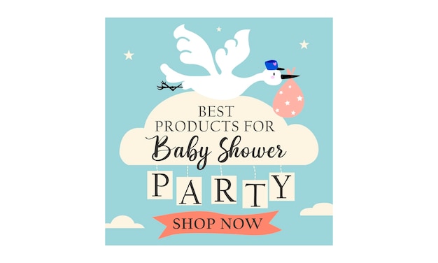 Vettore baby shower party shop con post sullo sfondo dell'illustrazione della cicogna e del bambino per instagram e facebook