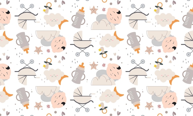 Vector baby shower pattern for baby room decoration with cute pictures