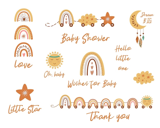 Vettore frasi baby shower per inviti boho cute baby rainbows train little star cloud moon vector