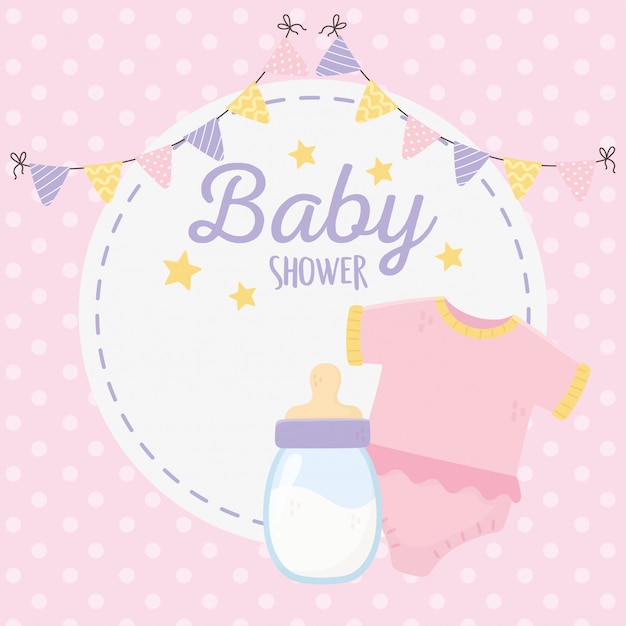 Vector baby shower, pink bodysuit and milk bottle pennants round label