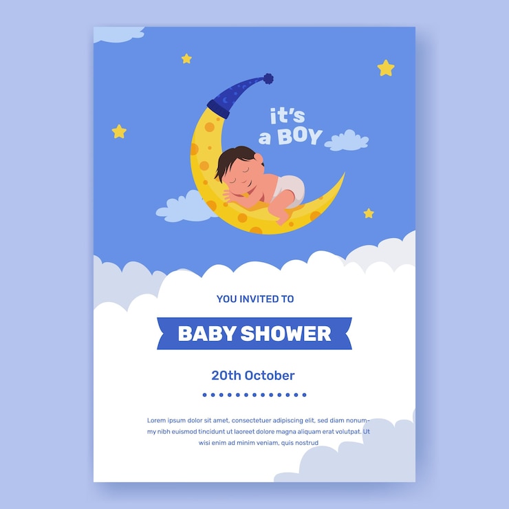 Vector baby shower poster uitnodiging babyjongen met baby slaap op maan met nachtblauwe kleur droom slaap slaapliedje