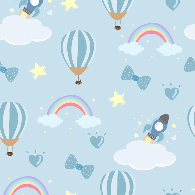 Baby shower seamless pattern for boy with balloon cloudsky elephantsun