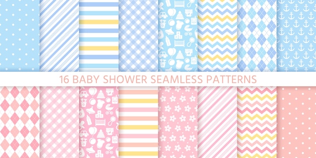 Vector baby shower seamless patterns for baby girl and boy.