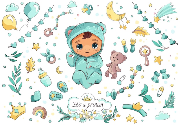 Baby shower set for boys It's a boy prince template Big banner with cute cartoon newborn kid bear