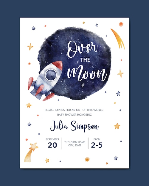 Baby shower space theme watercolor invitation card