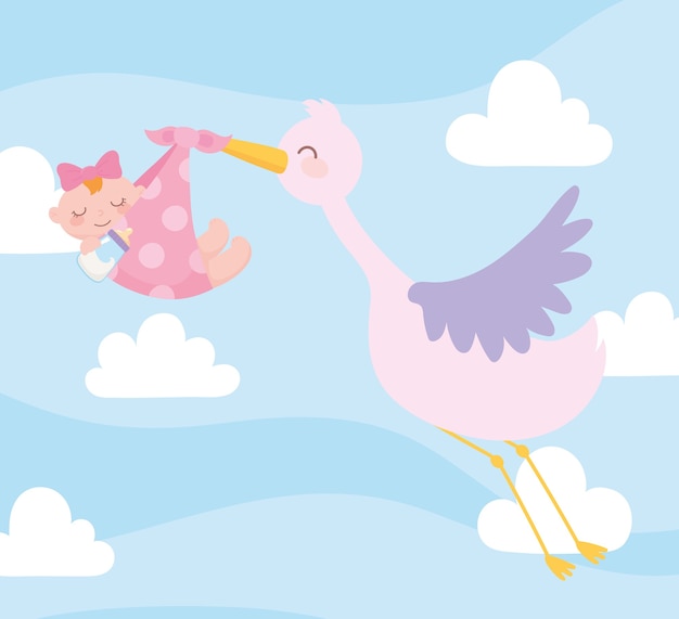 Baby shower, stork carrying baby girl in blanket, celebration welcome newborn