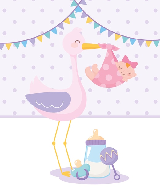 Vector baby shower, stork with baby girl rattle and pacifier, celebration welcome newborn