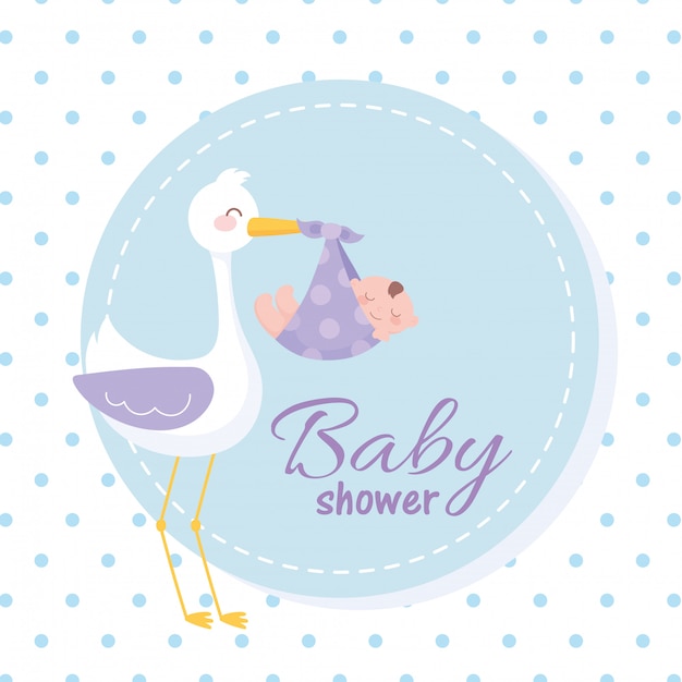 Baby shower tag, stork carrying a little boy, welcome newborn celebration tag