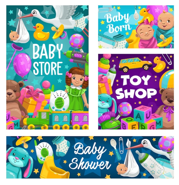 Baby shower, toys shop, kids store cartoon