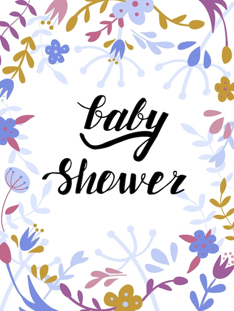 Vector baby shower uitnodigingskaart met bloemen boho vector sjabloon met handgeschilderde belettering zin