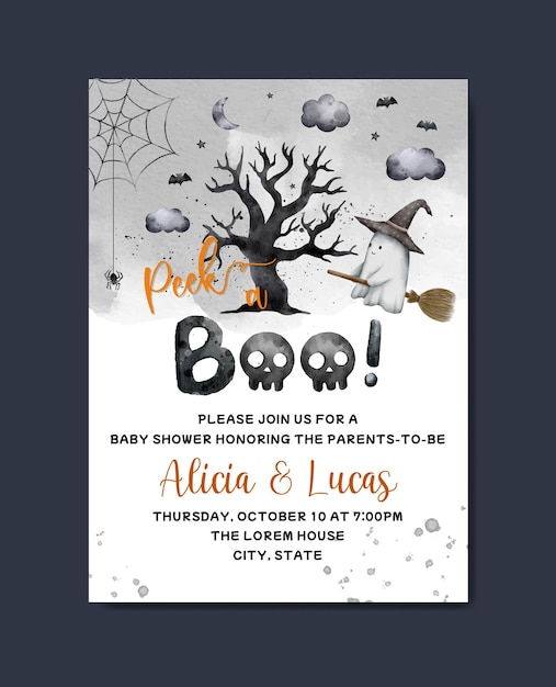 Vector baby shower watercolor halloween theme invitation card