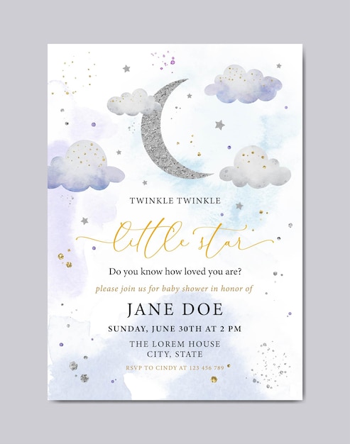 Vector baby shower watercolor invitation card template with stars and moon background