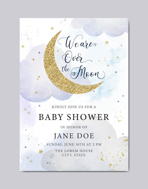 Vector baby shower watercolor invitation card template with stars and moon background