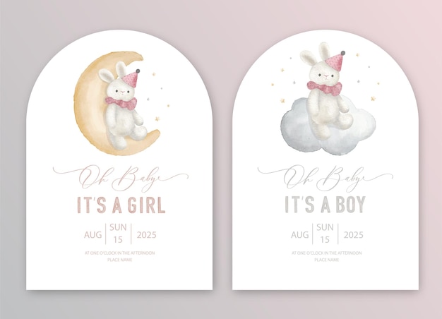 baby shower watercolor invitation Its a girl Its a boy card with plush toy on the moon and cloud