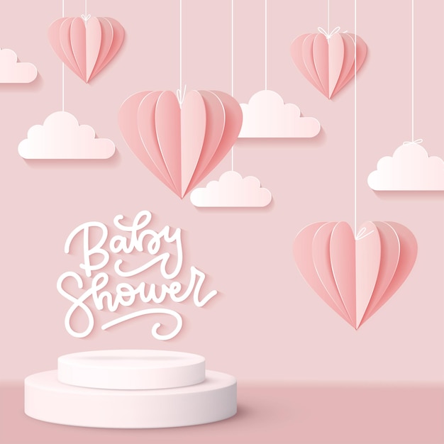 Baby shower wenskaart voor klein meisje op roze lucht met d papier gesneden harten en wolken realistisch c