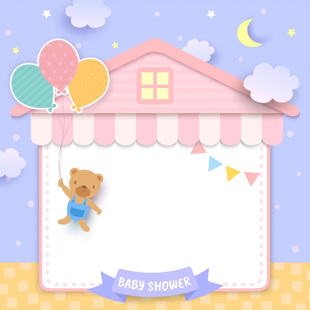 Baby shower with bear holding balloons and house frame