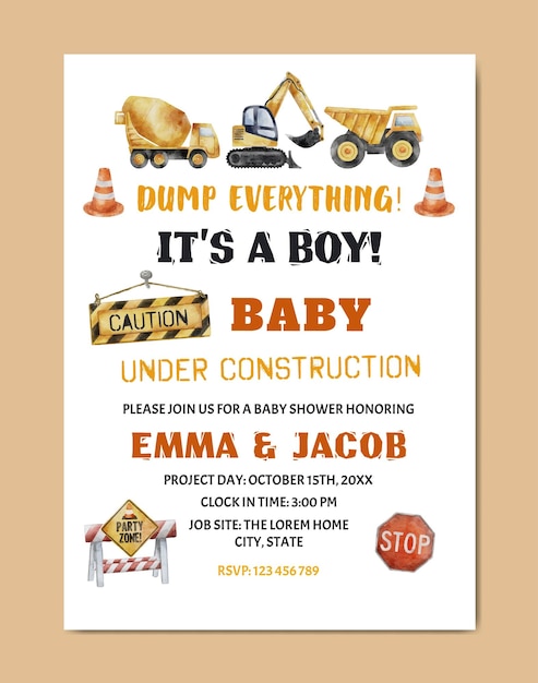 Vector baby shower with construction theme watercolor invitation card template background