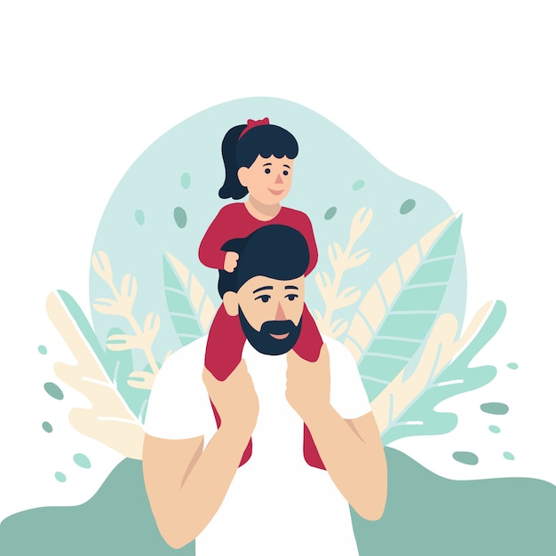 Vector baby sitting on dad's shoulders,  illustration for father's day holiday, happy family concept. nature leaves background. cute little girl and her father, people design