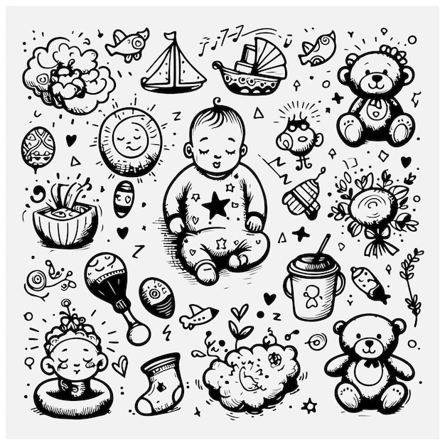 Baby slaapt, speelt en zit Doodles illustratie