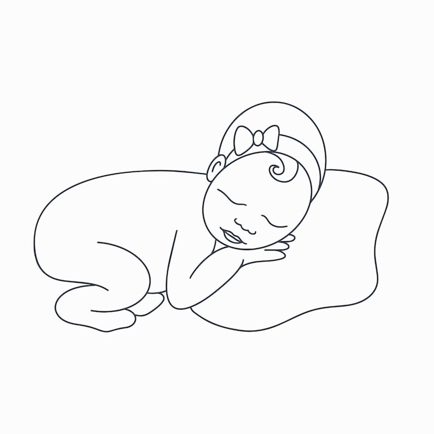 Bambino che dorme doodle semplice schizzo bambina sdraiata sul cuscino bambino disegnato a mano