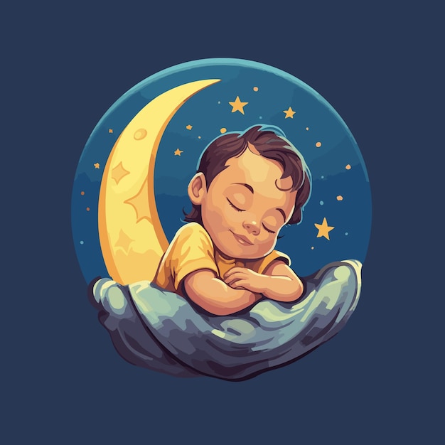 A baby sleeping on a moon with the stars in the background