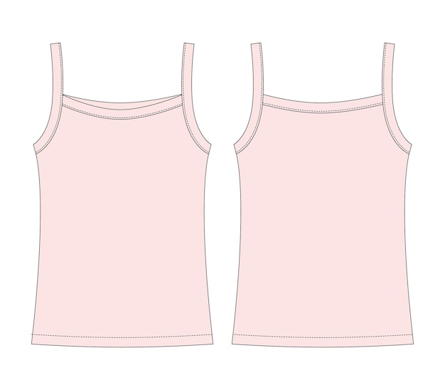 Vector baby sleeveless tank top with straps technical sketch children outline undershirt light pink color back and front view front and back view cad fashion design vector illustration