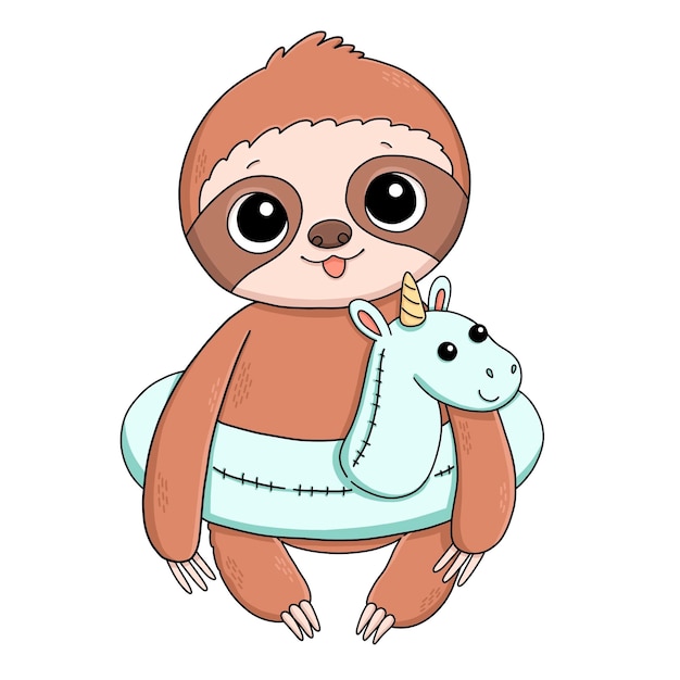 Baby sloth with unicorn rubber ring summer vector illustration