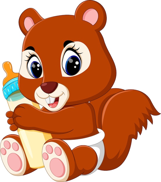 Vector baby squirrel holding milk bottle