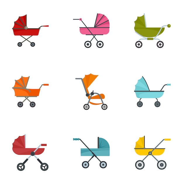 Baby stroller icon set, flat style