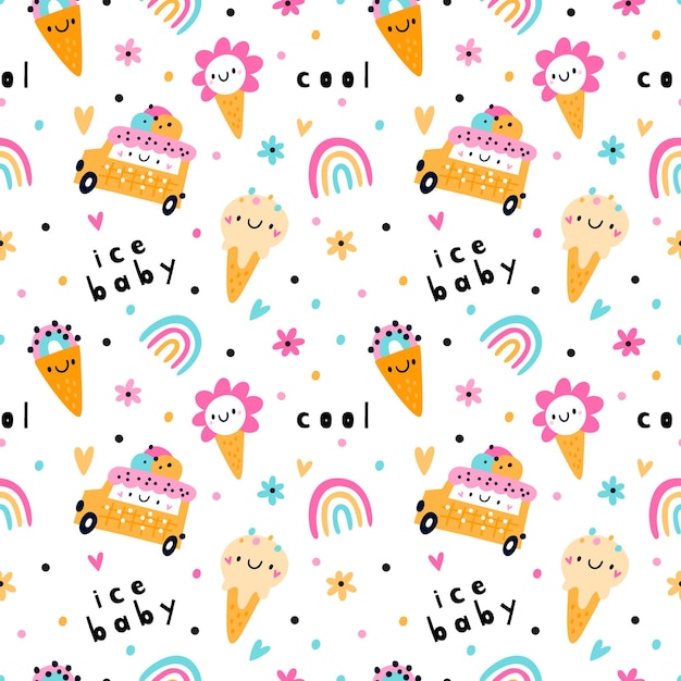 Baby summer pattern with ice cream rainbow flowers Seamless pattern with cute positive design