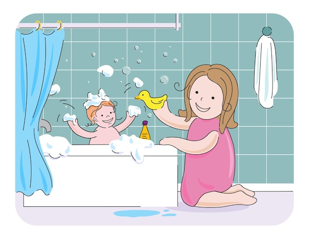 Vector baby take a bath with foam and play with mum