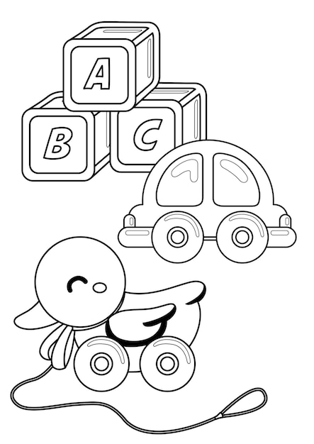 Baby and their toys coloring pages for kids a4 page