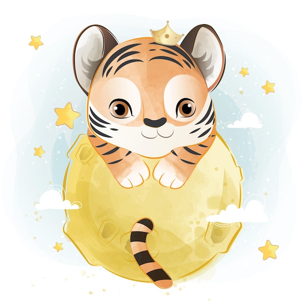 Baby tiger boy holding on moon