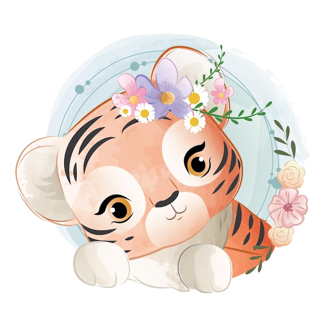 Vector baby tiger girl in a flower wreath 2